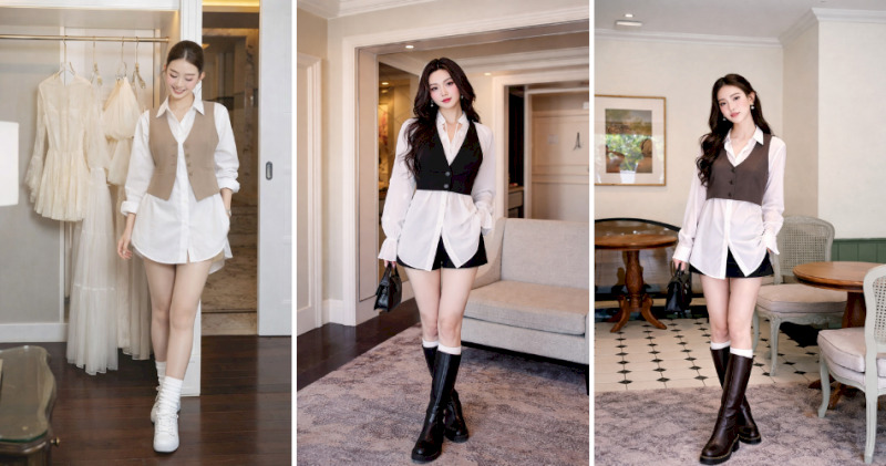 Sơ mi oversize phối gile croptop và quần short giúp hack dáng cao